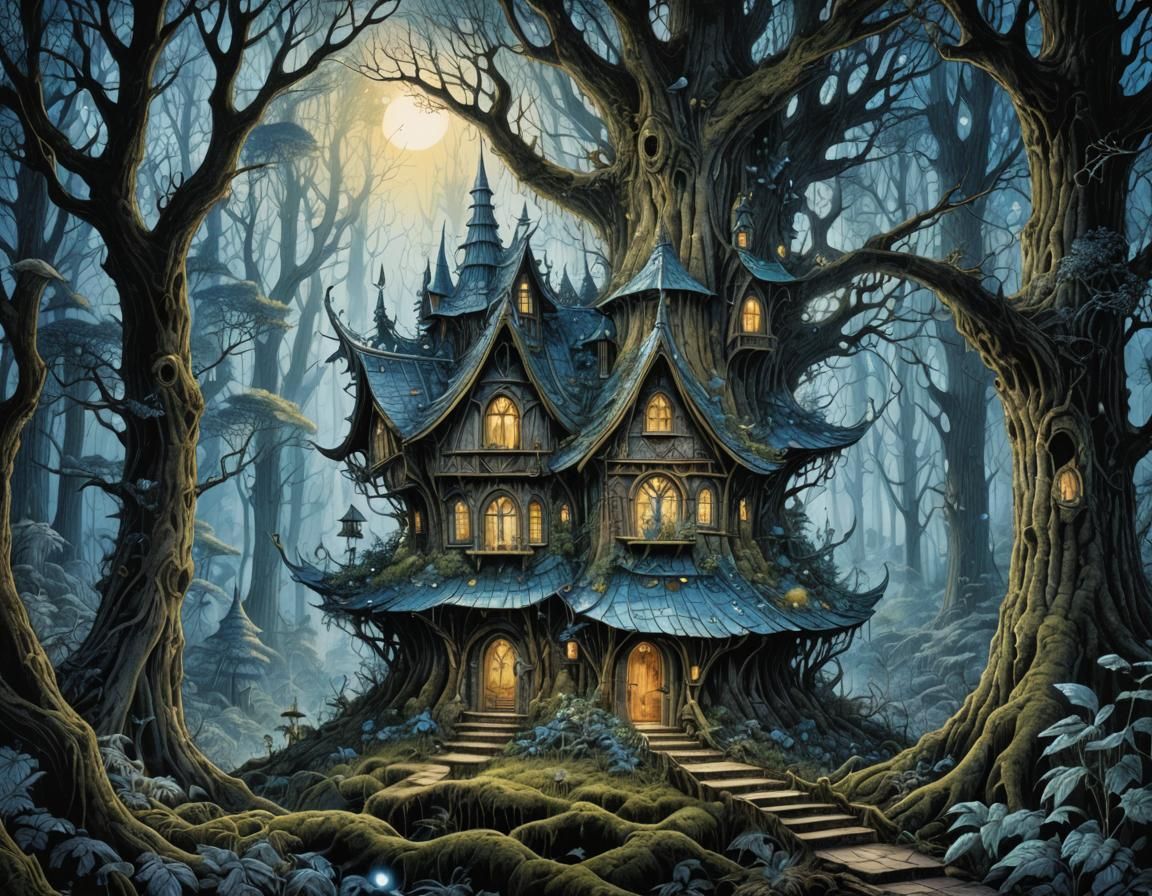 Eerie Fairy House in Dark Woods, Cosmic Illustration