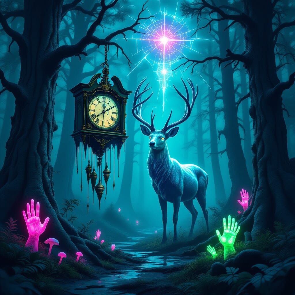 Surreal Deer with Clock in Bioluminescent Forest