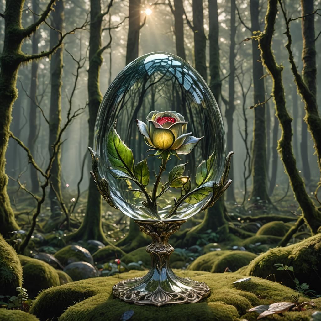 Glass Rosebud in Mossy Forest, Faberge Style