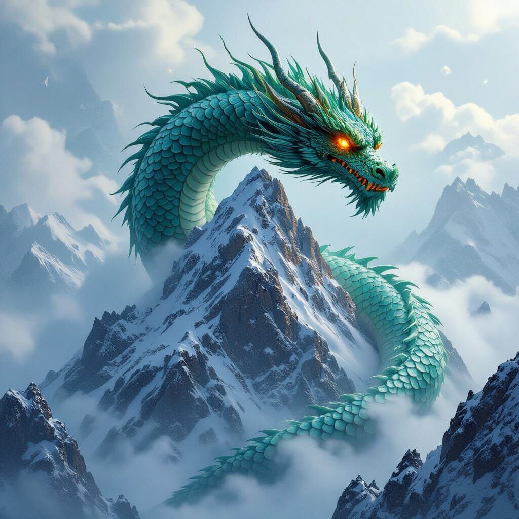 Colossal Jade Dragon Coiled Around Snowy Mountain Peak