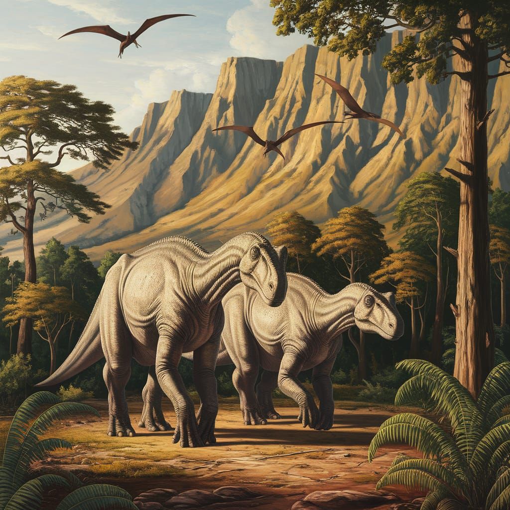 Jurassic Dinosaurs in Forest as Tonalist Oil Painting