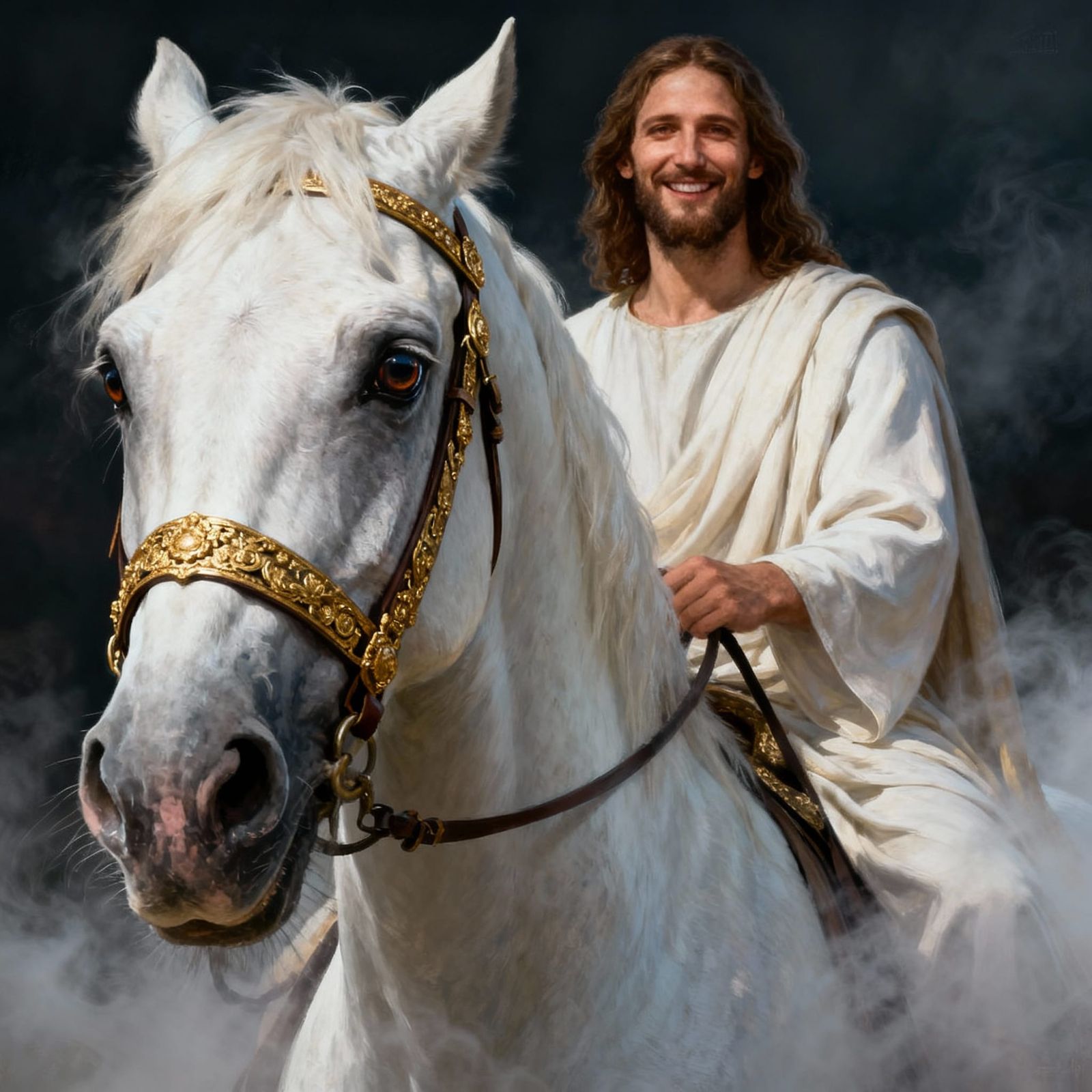 Jesus Rides a Majestic White Arabian Horse in Mist