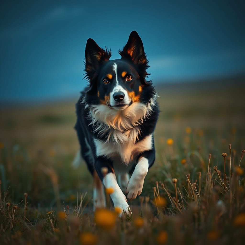 Tricolor Border Collie Runs Through Golden Fields