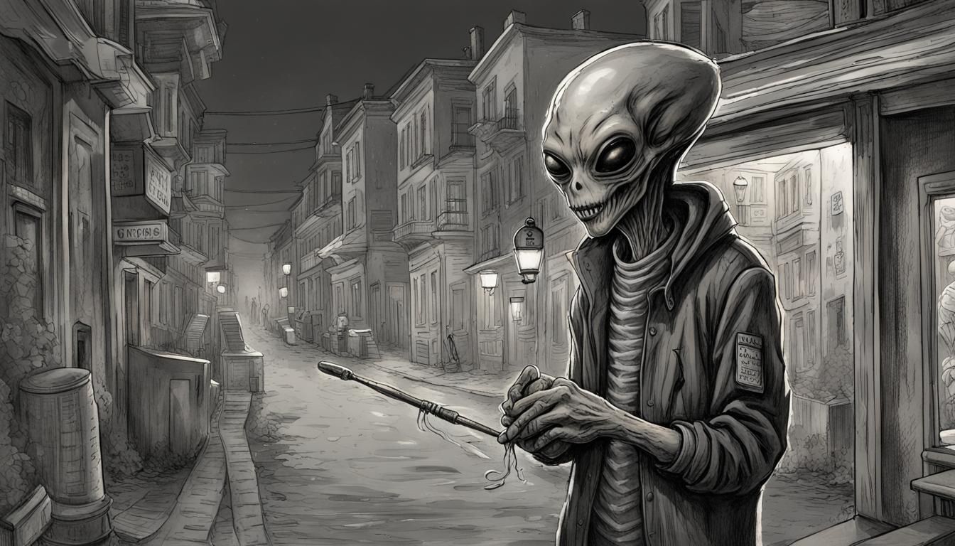 Menacing Alien with Cigarette in Macabre Dark City