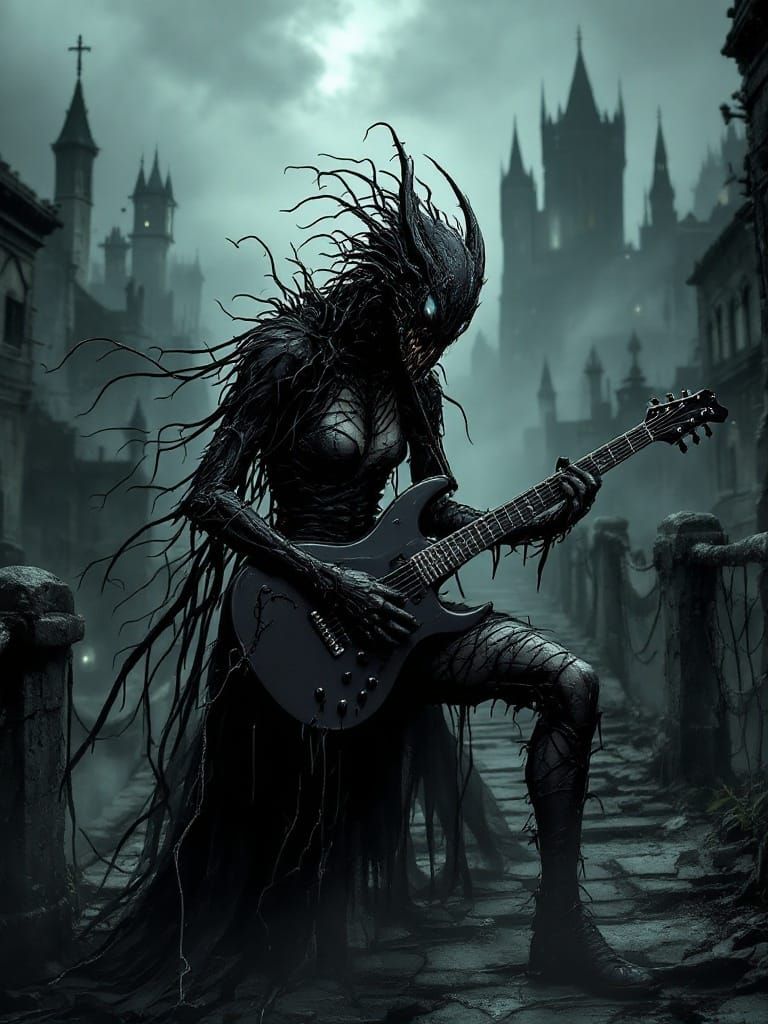 Undead Spider-Crow Hybrid in Gothic Horror Cityscape