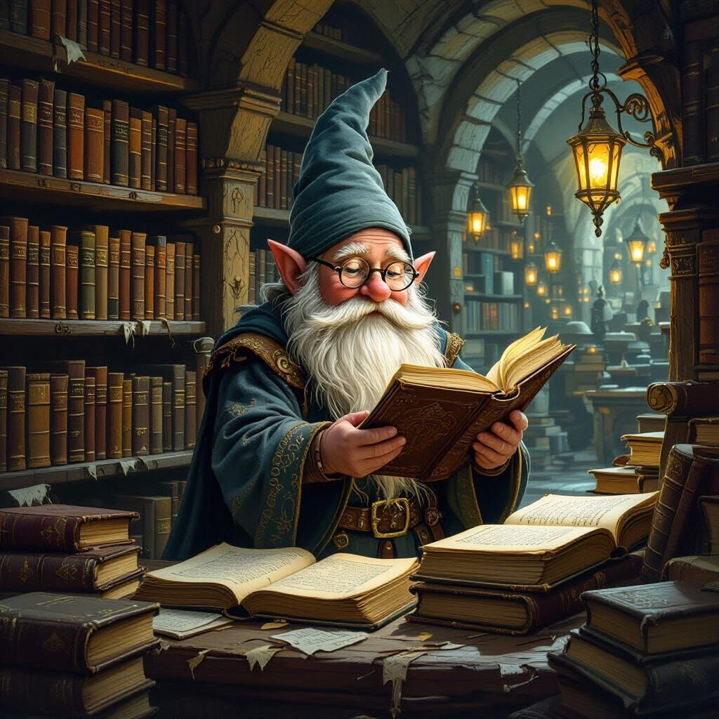 Gnome Librarian in Subterranean Library, Mystical Art Style