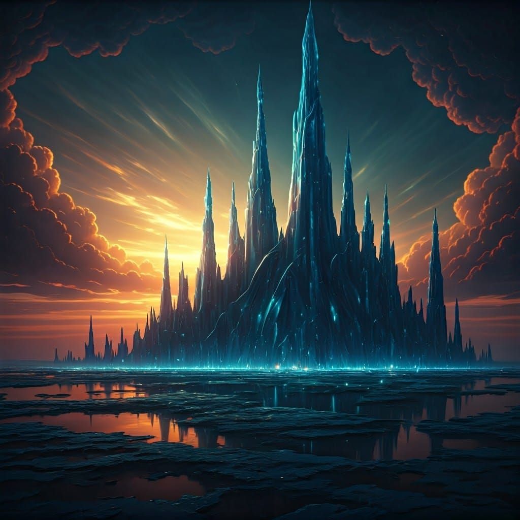 Crystal Cityscape at Twilight: High-Fantasy Concept Art