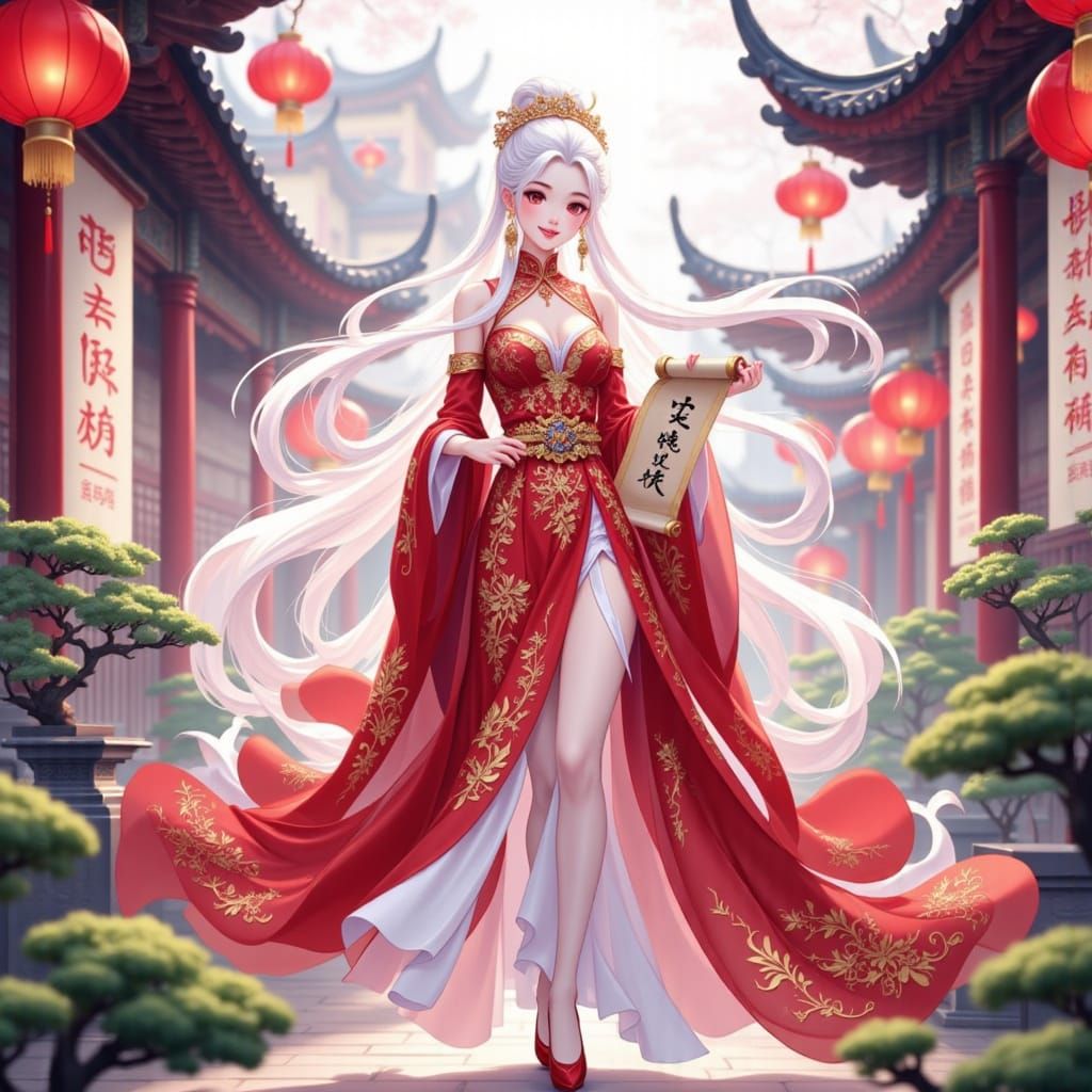 Anime Girl in Red Dress with Chinese Embroidery