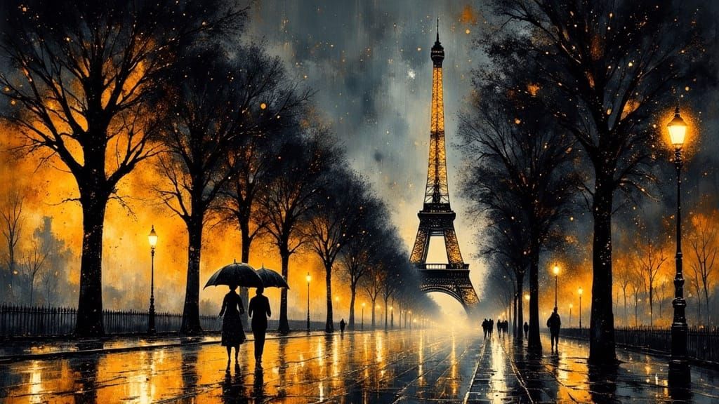 Ethereal Parisian Night Scene in Dramatic Black and Amber Go...