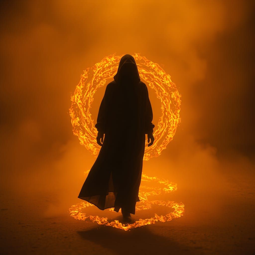 Person Walking with Ring of Fire in Industrial Futurism