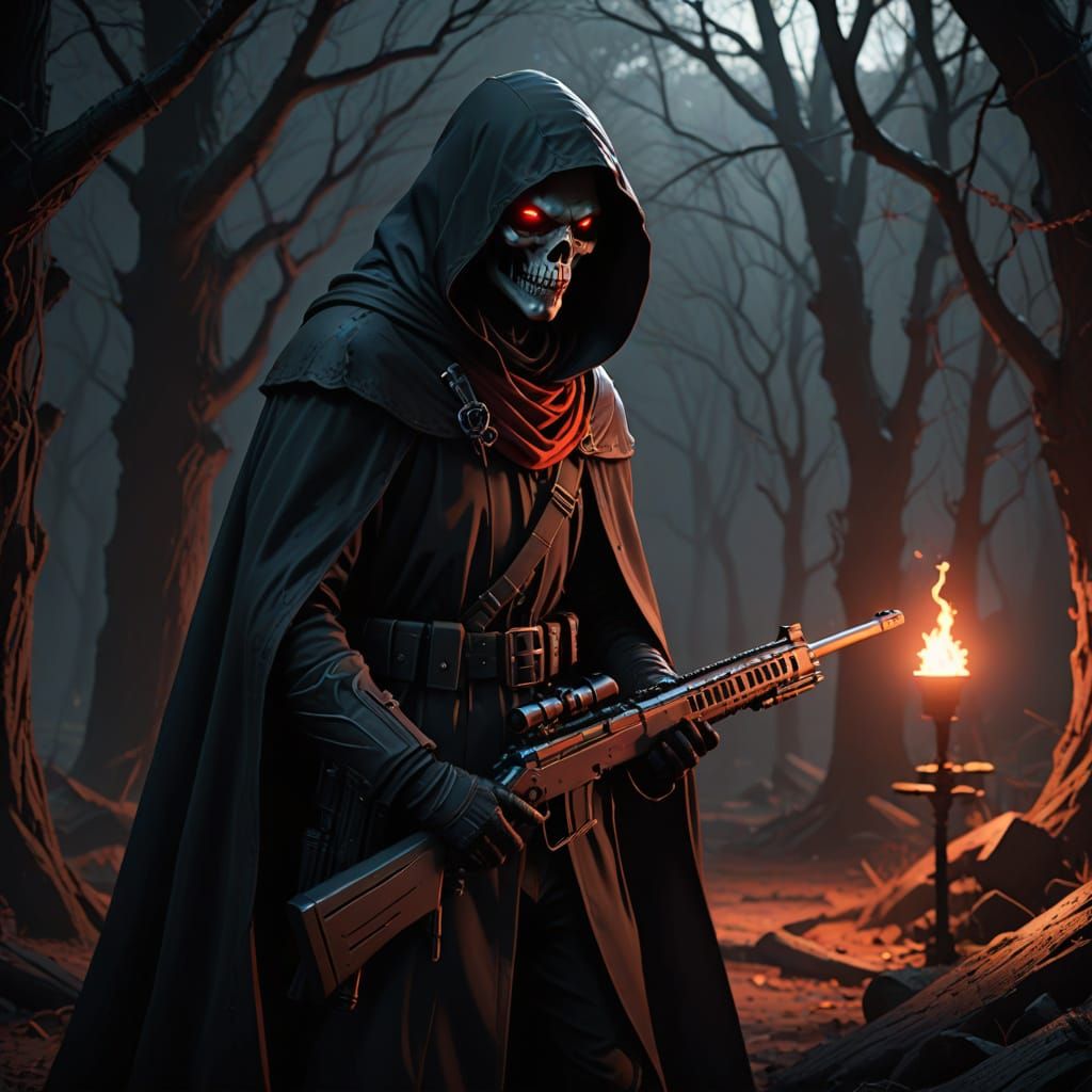 Menacing Figure in Hooded Cloak with Sniper Rifle