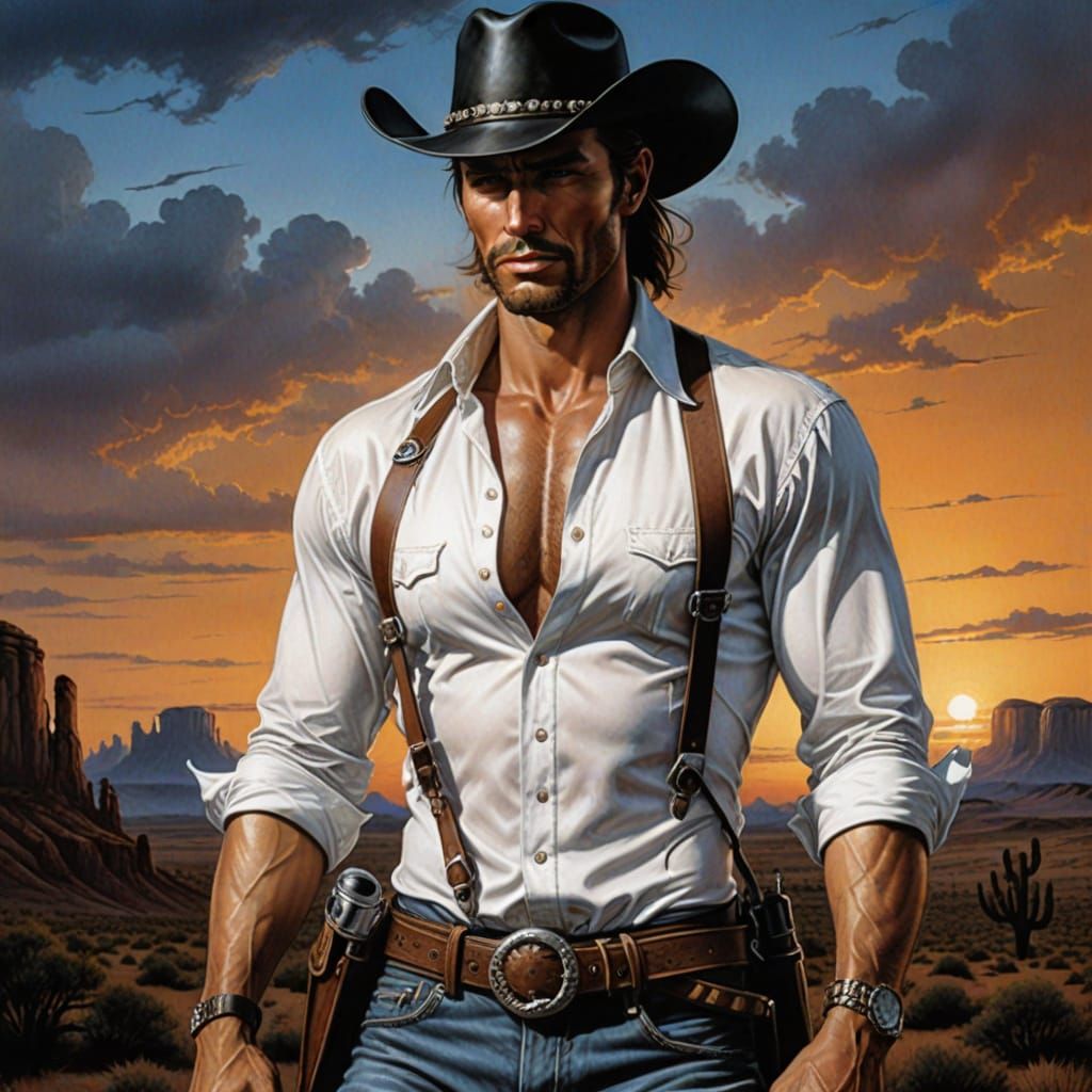 Cowboy With Lariat at Dusk, Airbrush Art Style