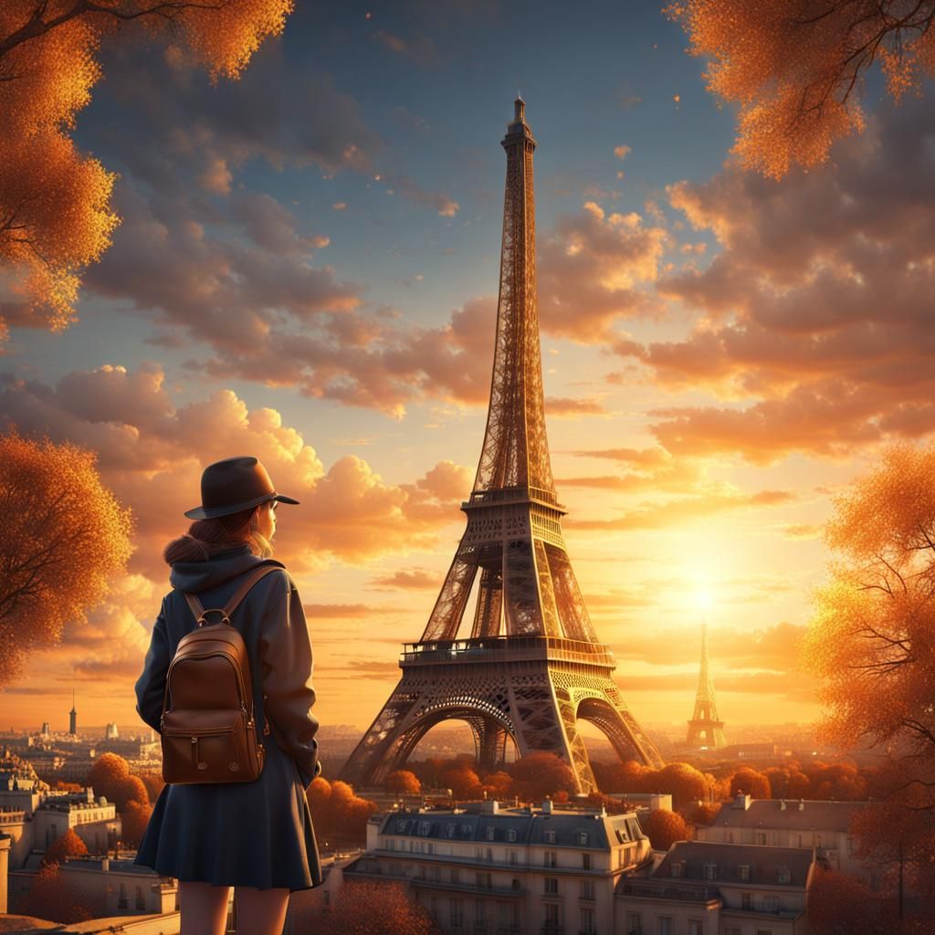 Girl Gazing at Golden Sunset Eiffel Tower