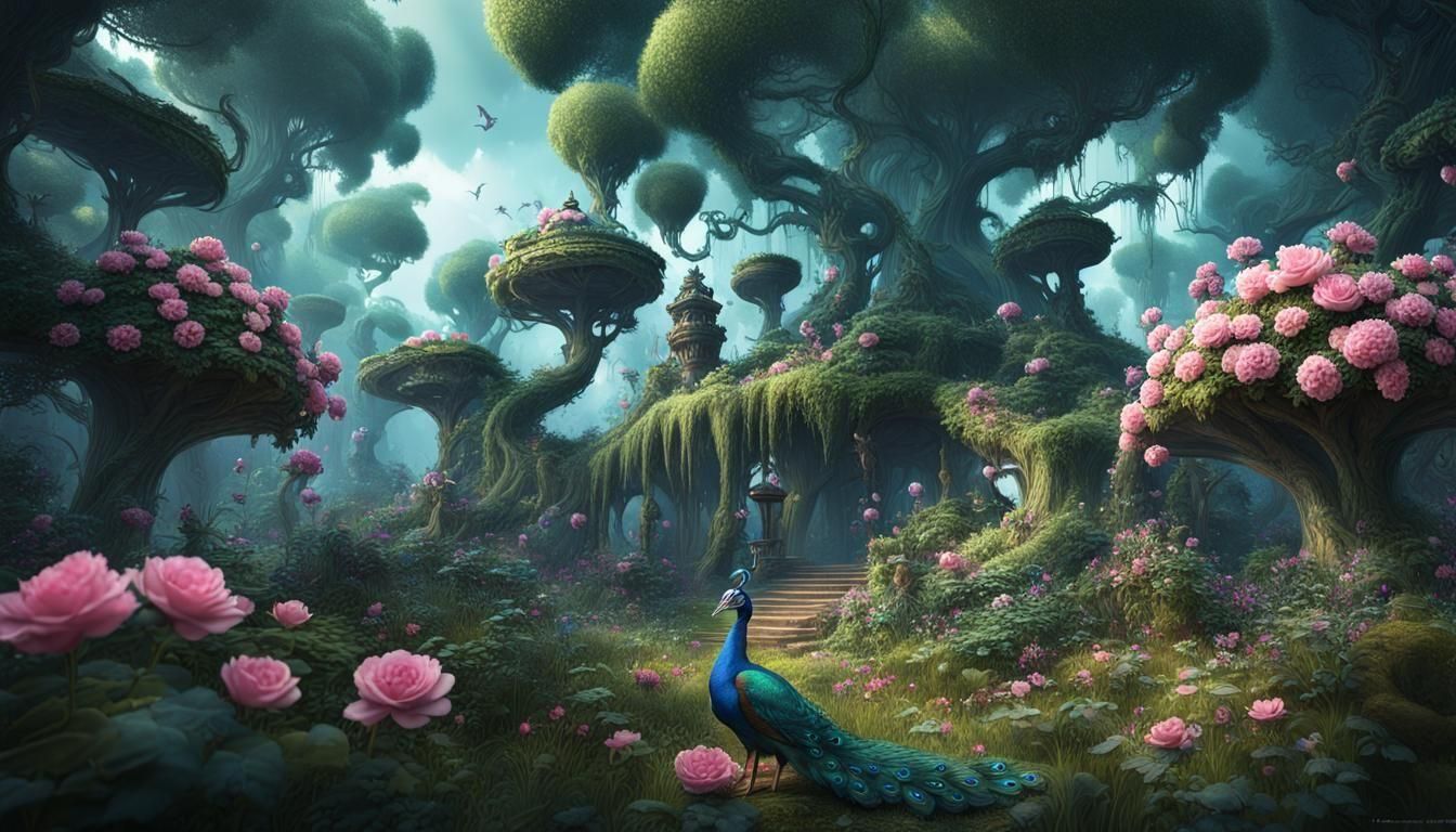Peacocks in Fantastical Forest with Pink Flowers