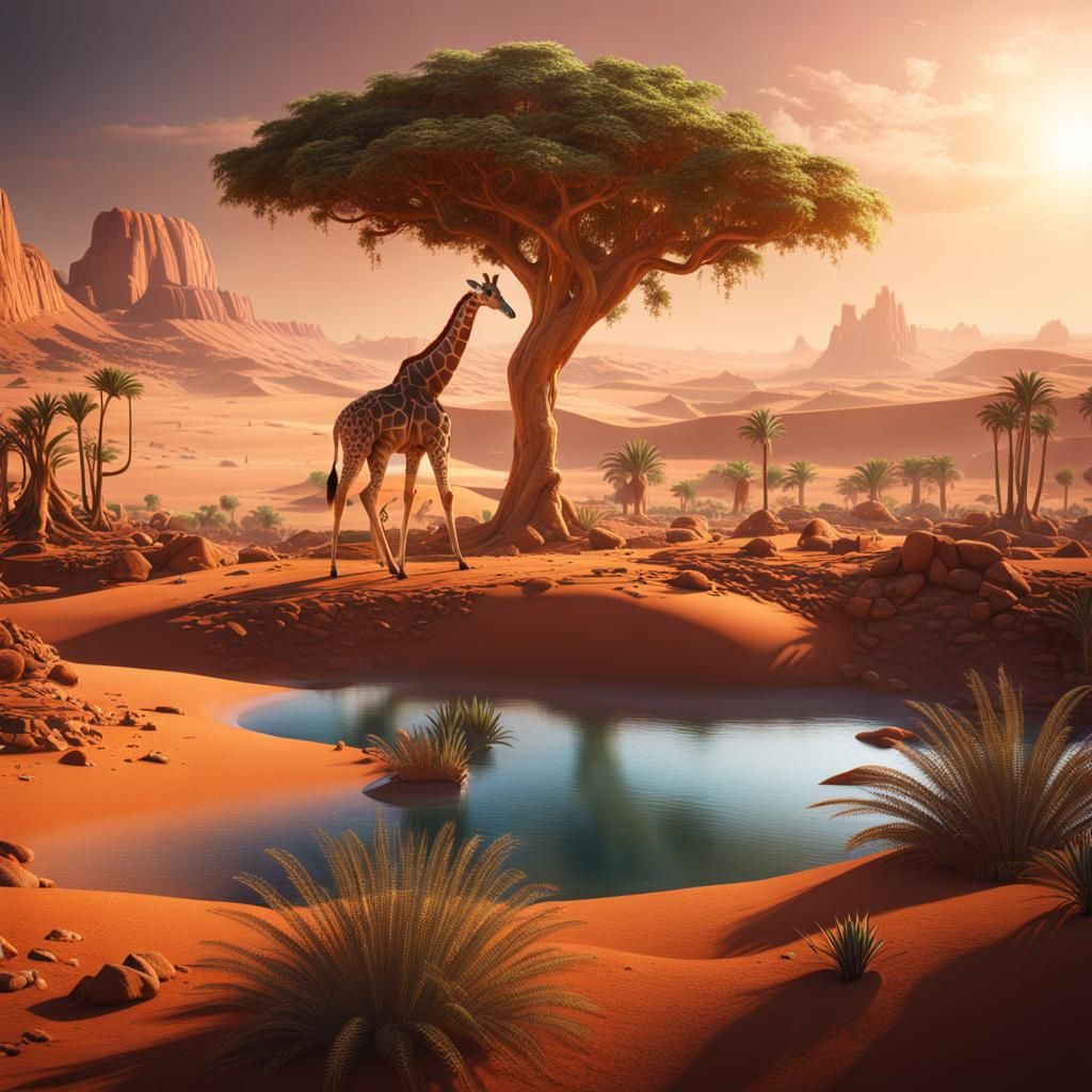 Giraffe Finds Oasis on Mars, Detailed Matte Painting