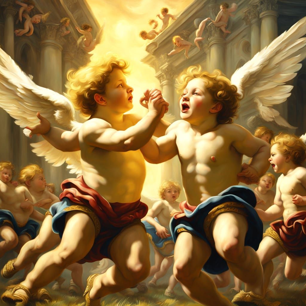 Renaissance Cherubs Play Rugby in Dramatic Stadium