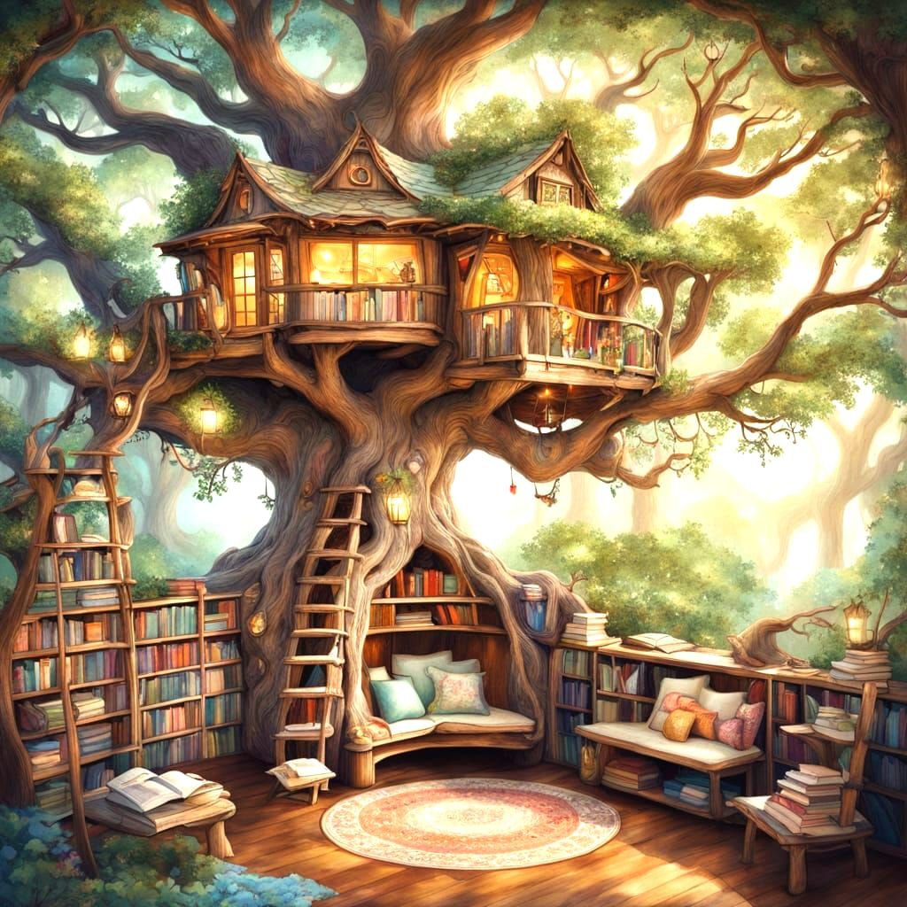 Enchanted Treehouse Reading Nook in Watercolor Style