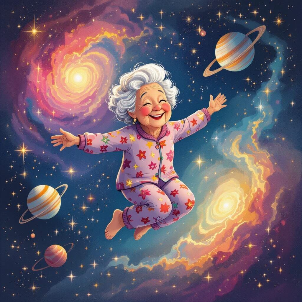 Elderly Woman in Pajamas Soars Through Cosmic Galaxy