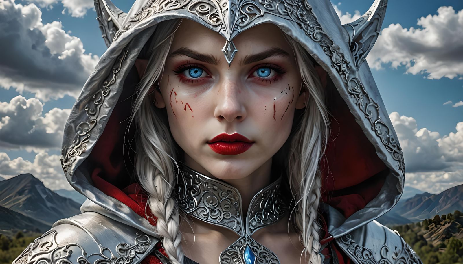 Silver Hooded Elfin Warrior with Vivid Blue Eyes