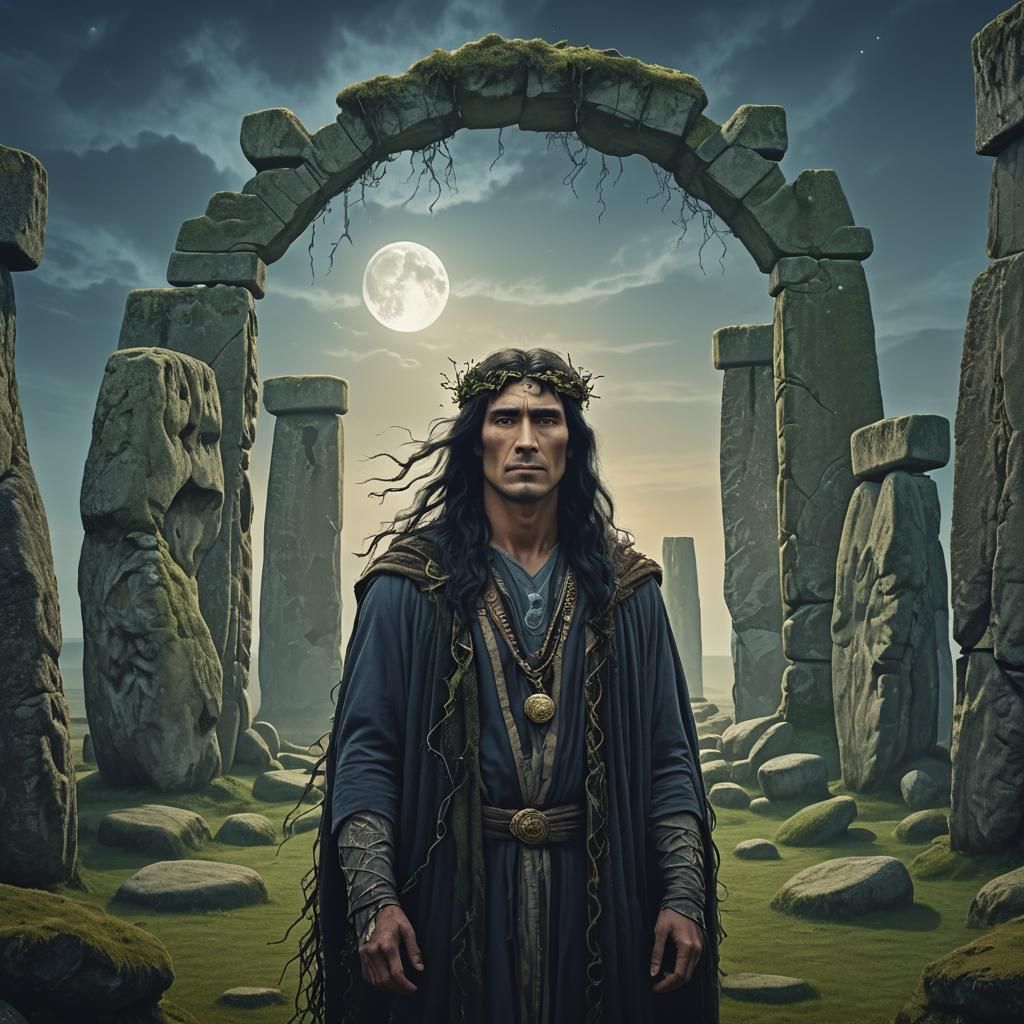 Druid at Stonehenge in Surreal Moonlight