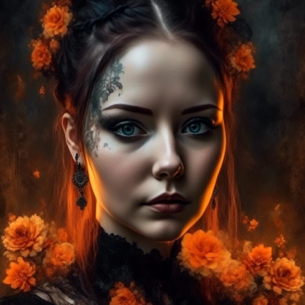 Gothic Woman Portrait with Floral Lace Frame