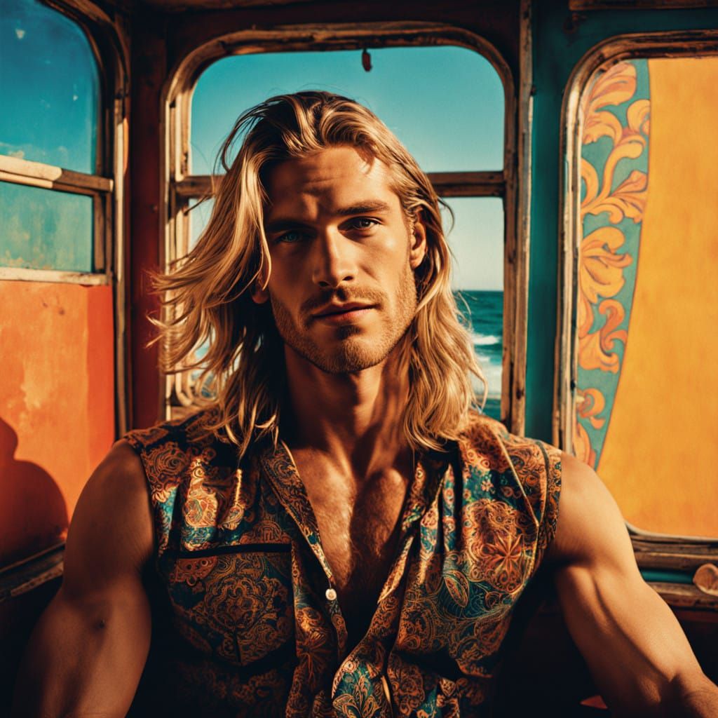 Handsome Blond Male in 1960s-Inspired Beachside Scene