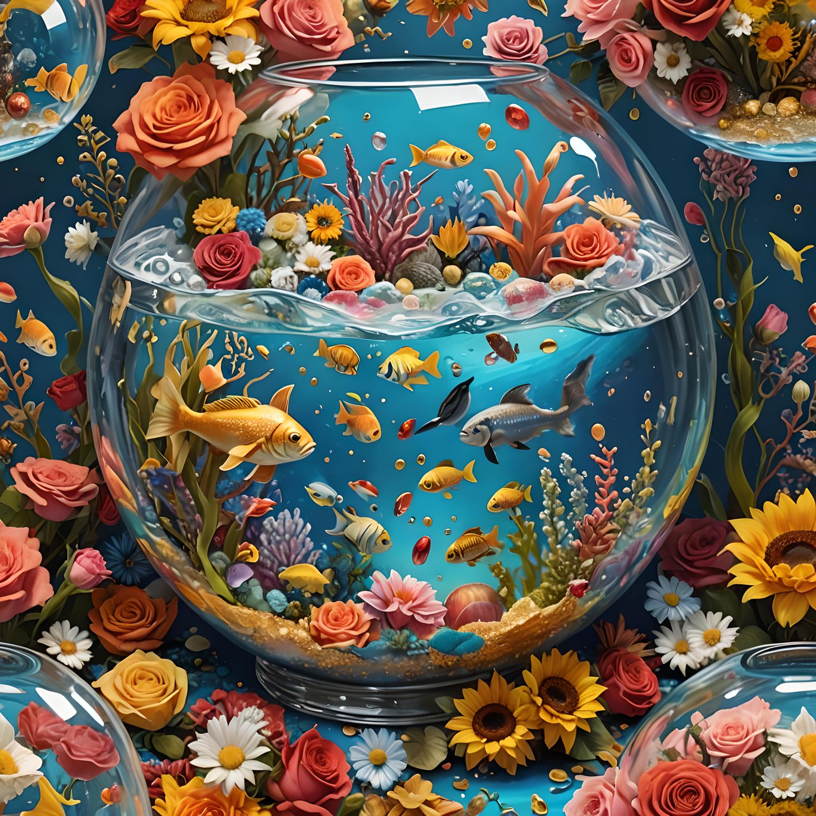 Flowers and Sea Life in Fishbowl: Hyperrealistic Art