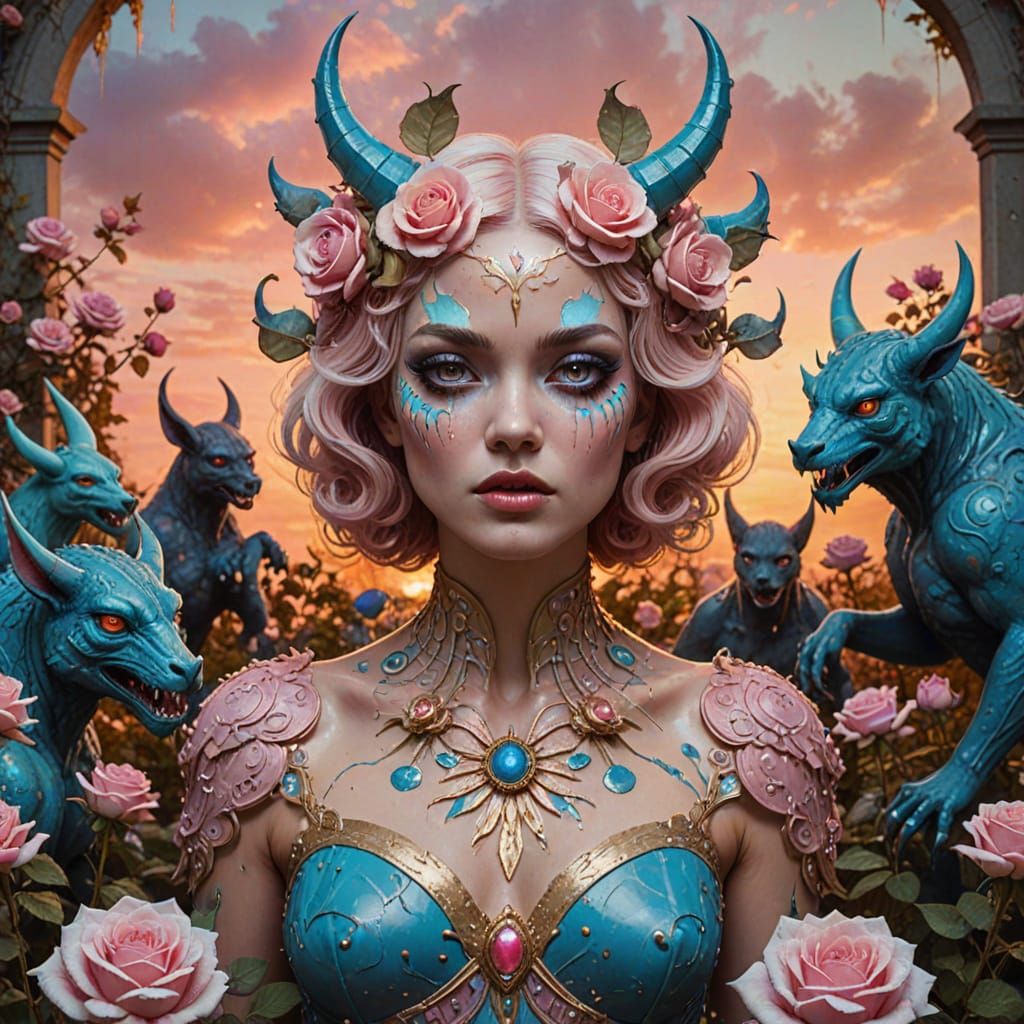 Surreal Pastel Rose Garden Scene in Art Deco Style