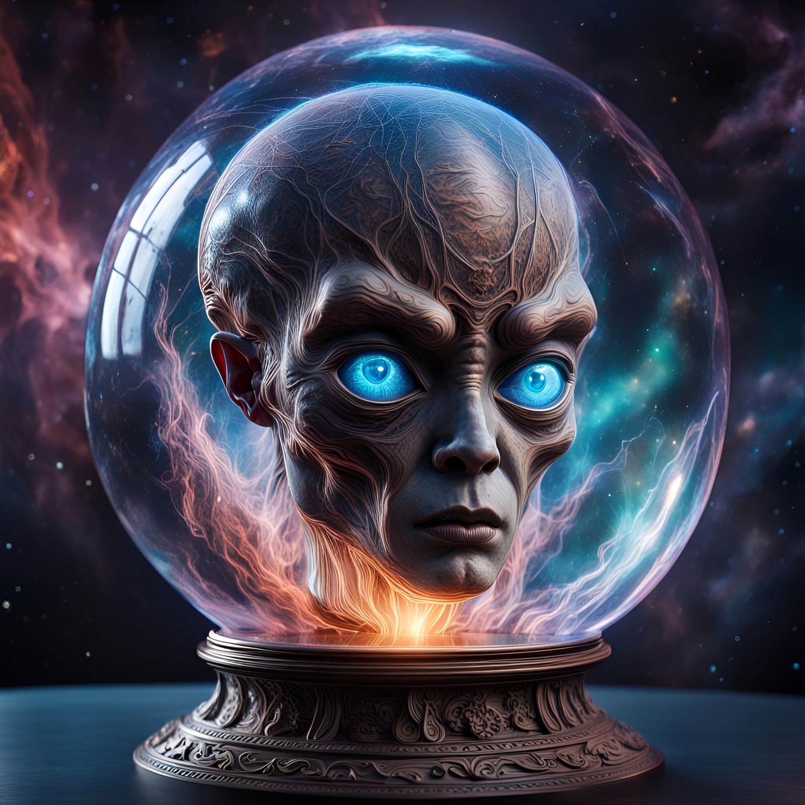 Cosmic Alien Face Encapsulated in Glass Globe