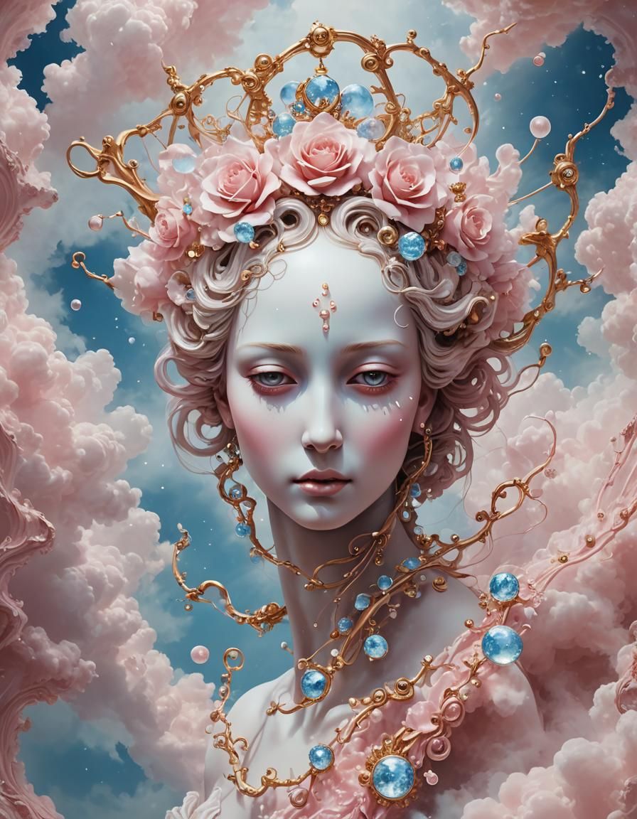 Skull with Jewels and Begonias in Ethereal Style