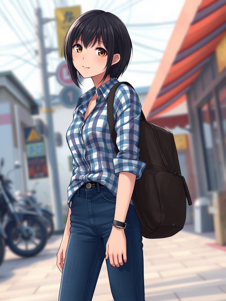 Thai Woman in Gingham Shirt, Anime Style