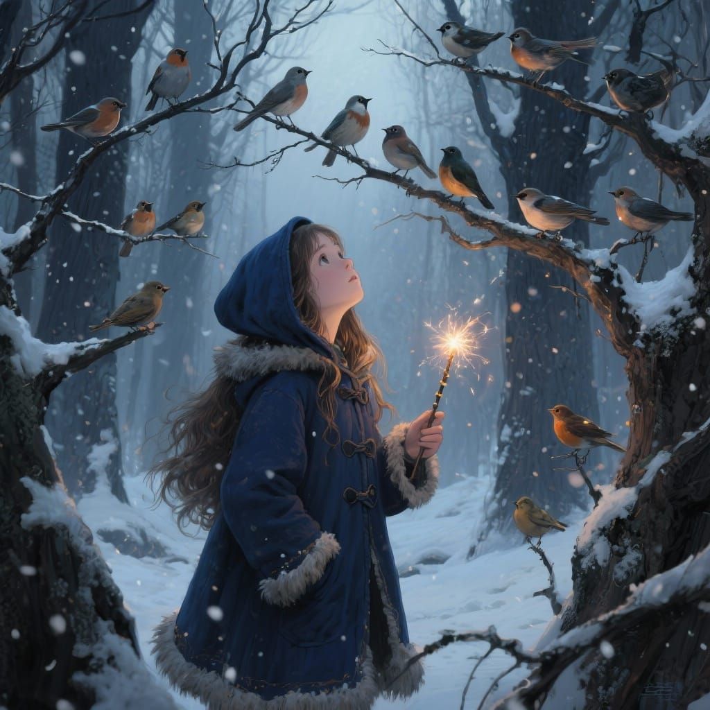Girl with Magic Wand Gazes at Songbirds in Snowy Forest