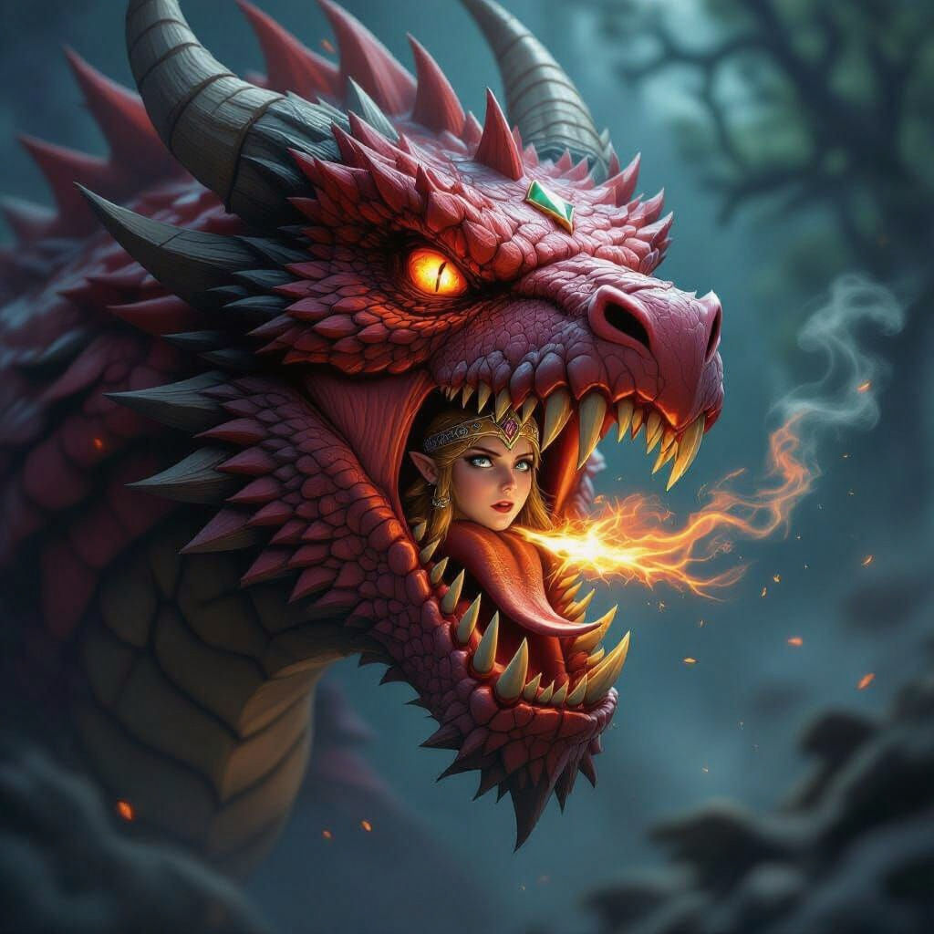 Zelda Trapped in Dragon's Mouth: Hyperrealistic Concept Art