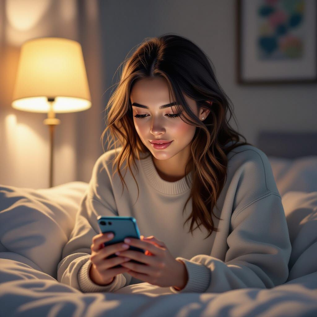 Woman Browsing Dating App on Phone in Warm Light