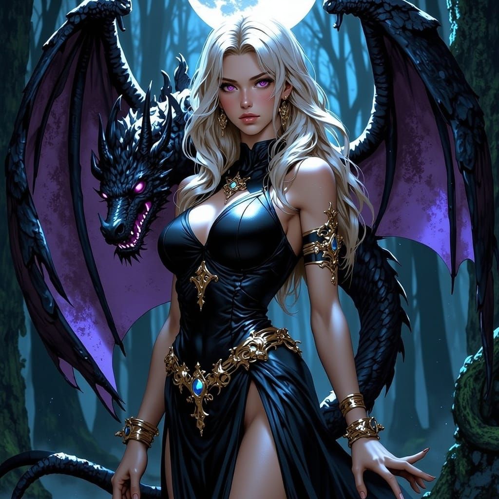 Sorceress and Dragon in Mystical Forest