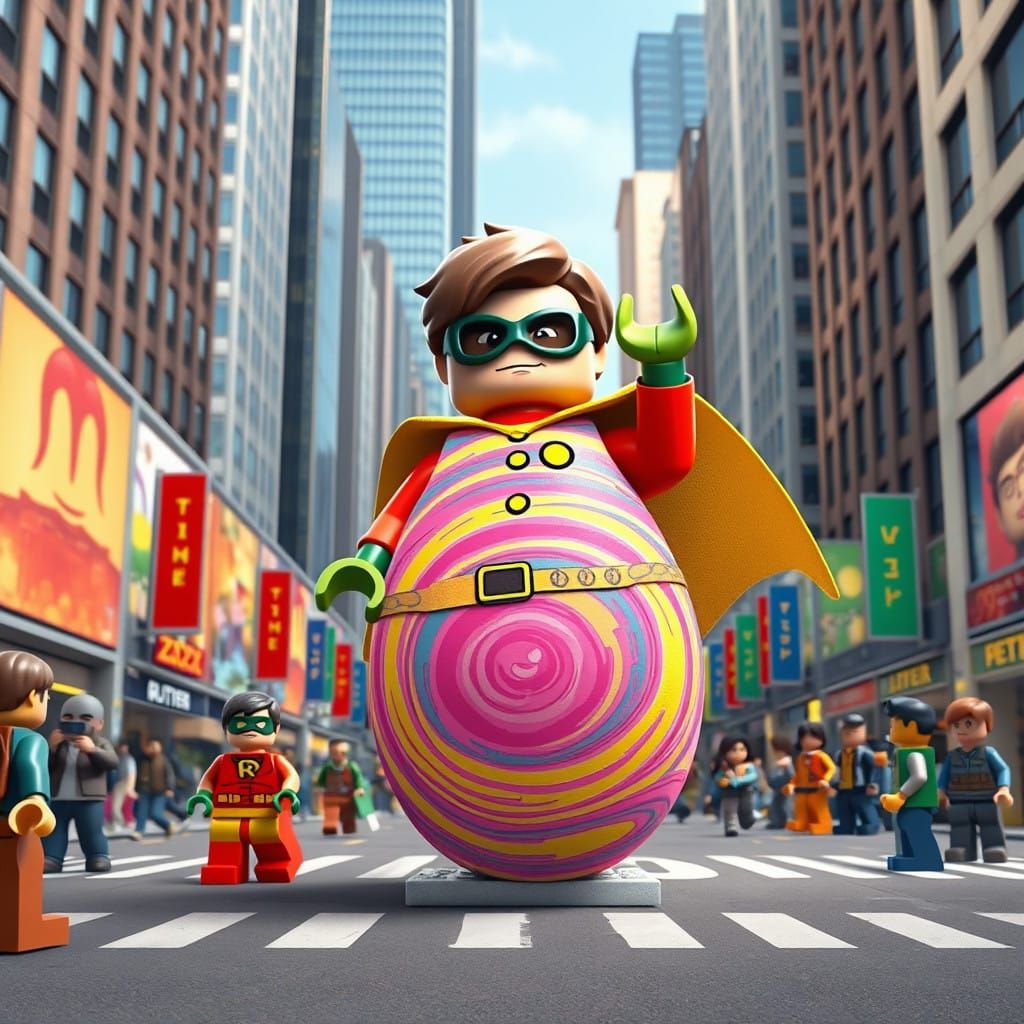 Lego Robin Lays a Gigantic Egg in Bustling Metropolis