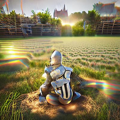 Medieval Knight Kneeling in Field, 8K 3D Render