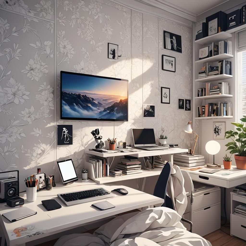 Neat Bedroom with Laptop: Cel-Shaded Anime Style
