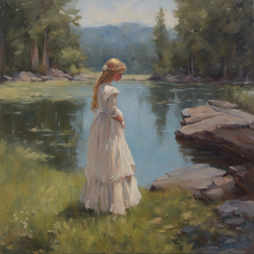 Princess by Lake: Oil Painting of Heartbreak