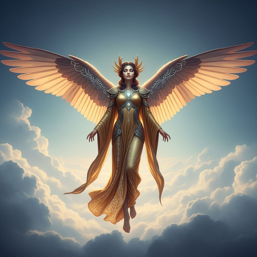 Celestial Woman in Golden Robe on Ethereal Clouds