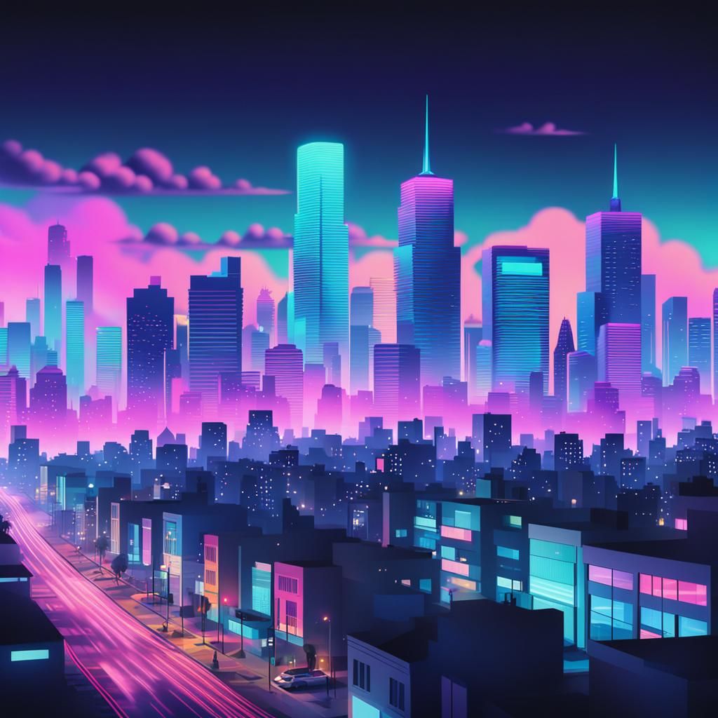 Vaporwave Retro 80s Animated Cityscape in Photography Style