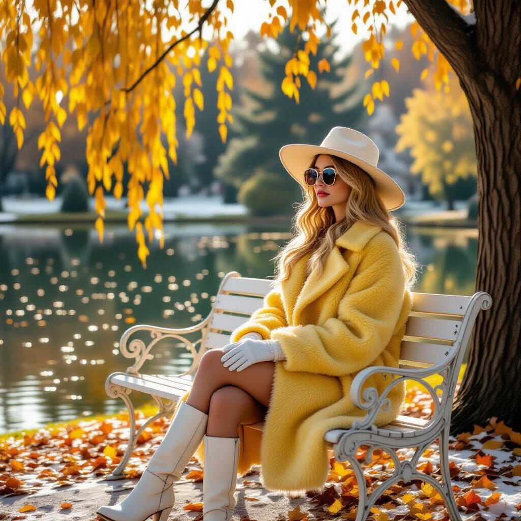 Woman in Autumn Park with Snowfall, Golden Hour