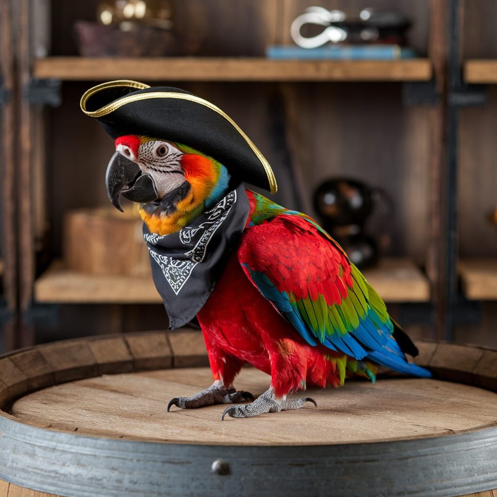 Parrot Pirate Portrait on Wooden Barrel