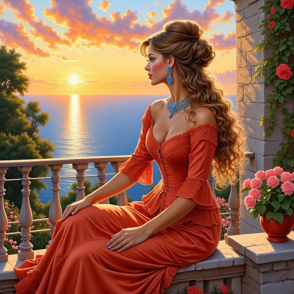 Woman on Terrace at Sunset, Impressionistic Oil Painting