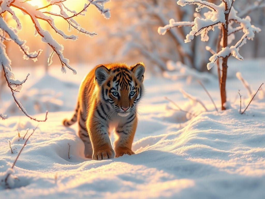 Whimsical Tiger Cub Discovers Snowy Winter Wonderland in Daw...