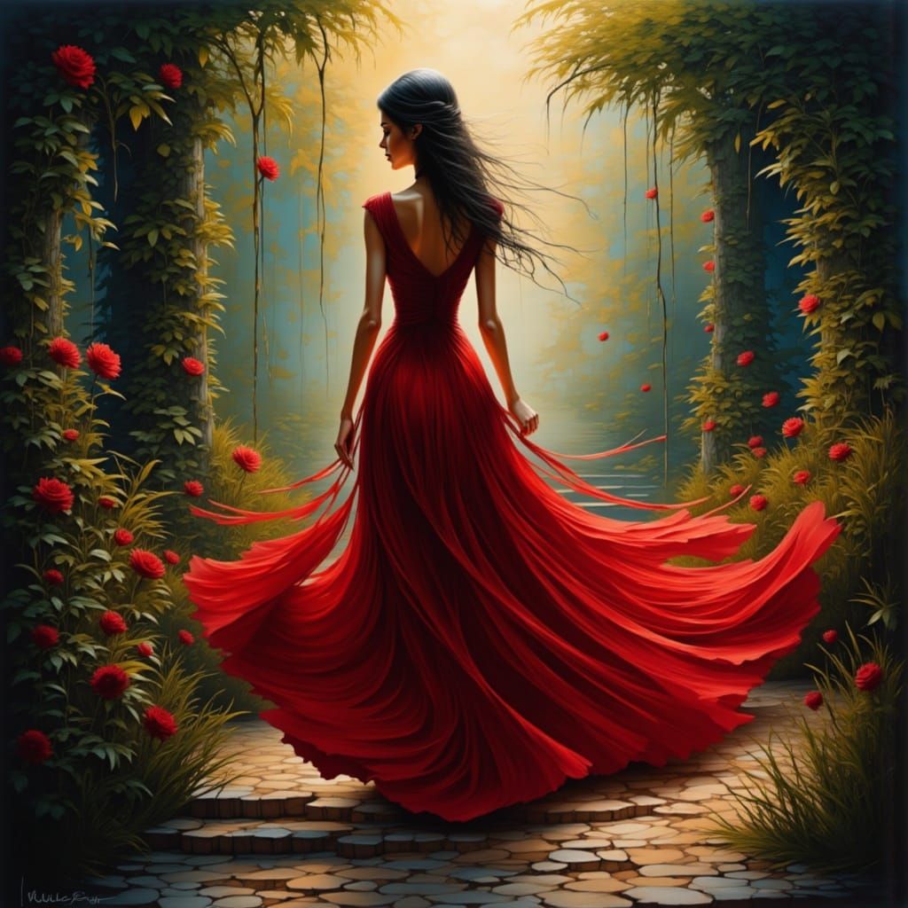 Woman in Red Gown in Beautiful Garden
