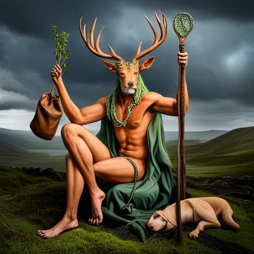 Cernunnos the Horned One, powerful Celtic deity, ‘lord of wild things’, antlers, seated in a cross-legged position, stag...