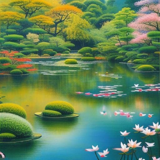 Tranquil Garden with Koi Pond in Impressionist Style