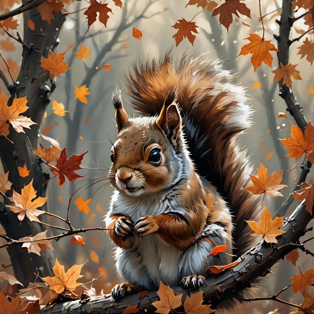 Adorable Fluffy Baby Squirrel in Autumn Leaves