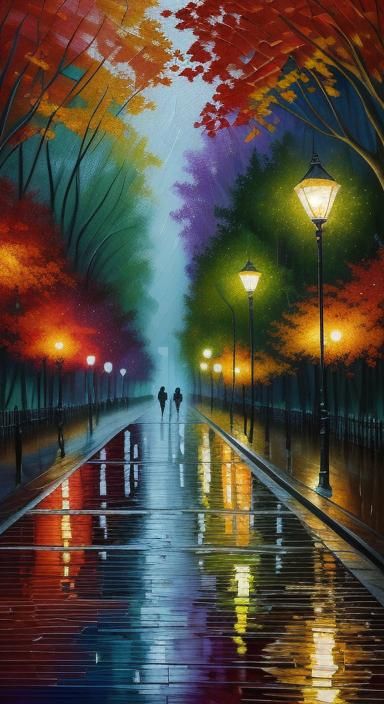 Rainy Autumn Night in Park as Paper Collage